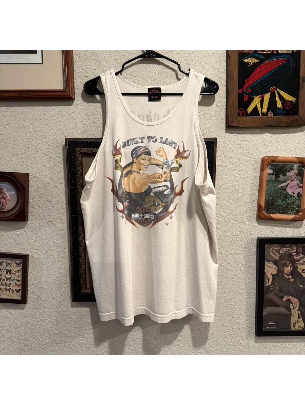 Vintage 00s 2007 Harley Davidson Built To Last Pin- Up Girl White Tank Top XL